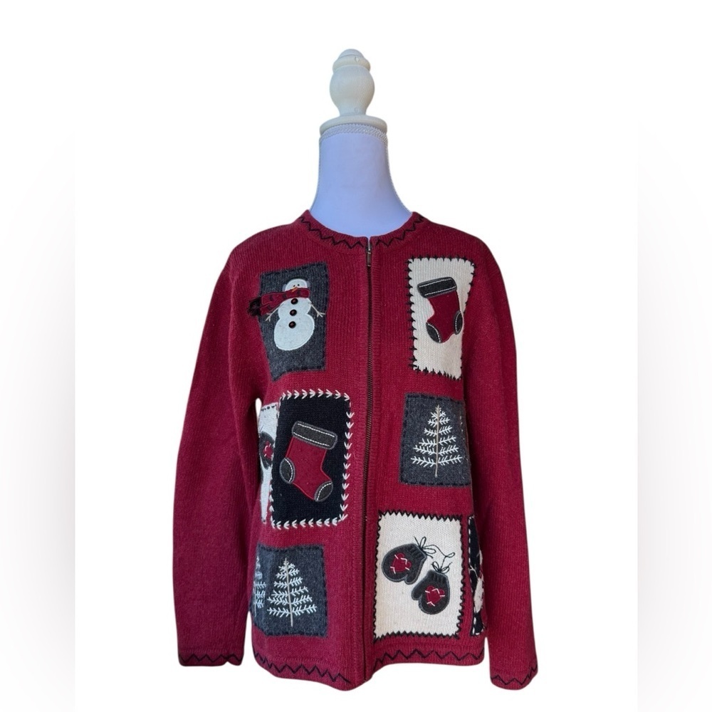 Vtg Christmas Sweater Women Small Full Zip Wool/Angora Grandma Cottagecore Artsy